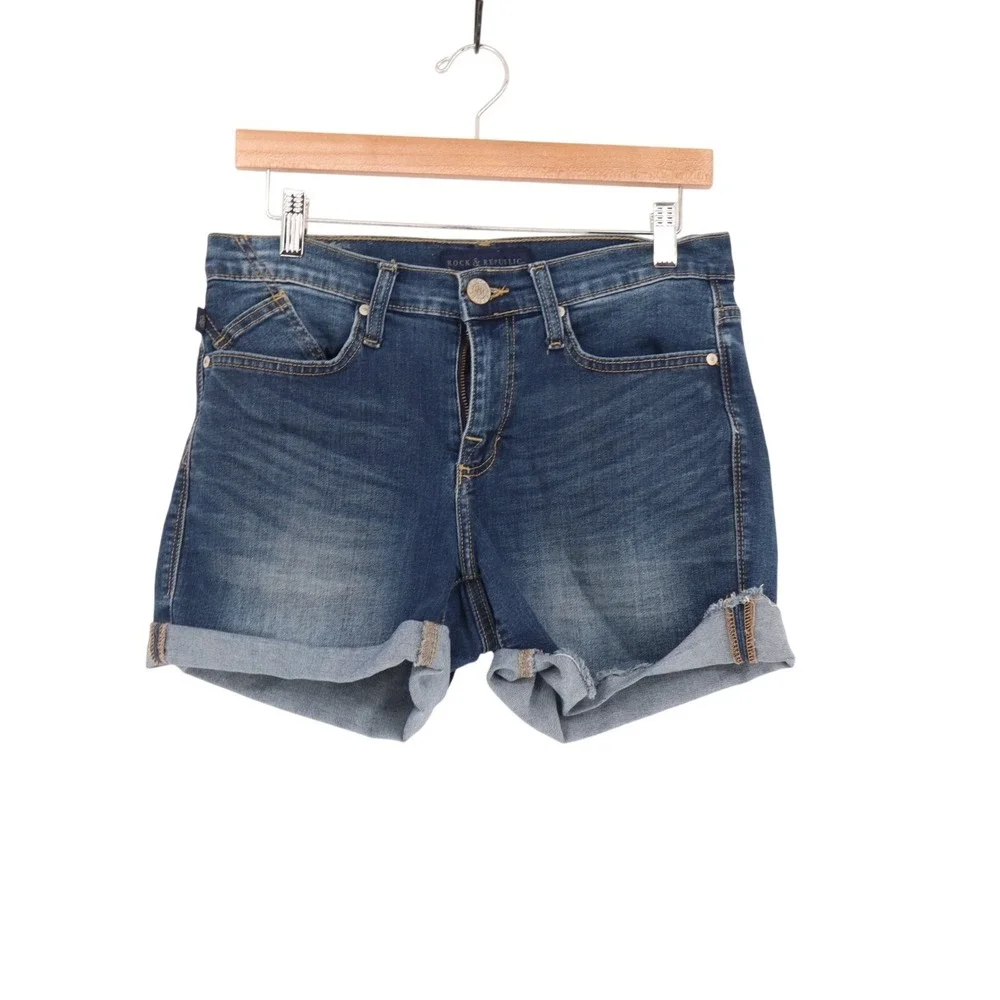 Rock & Republic Cuffed Shorts Womens 8 Blue Medium Wash Denim Cotton Frayed Hem‎
